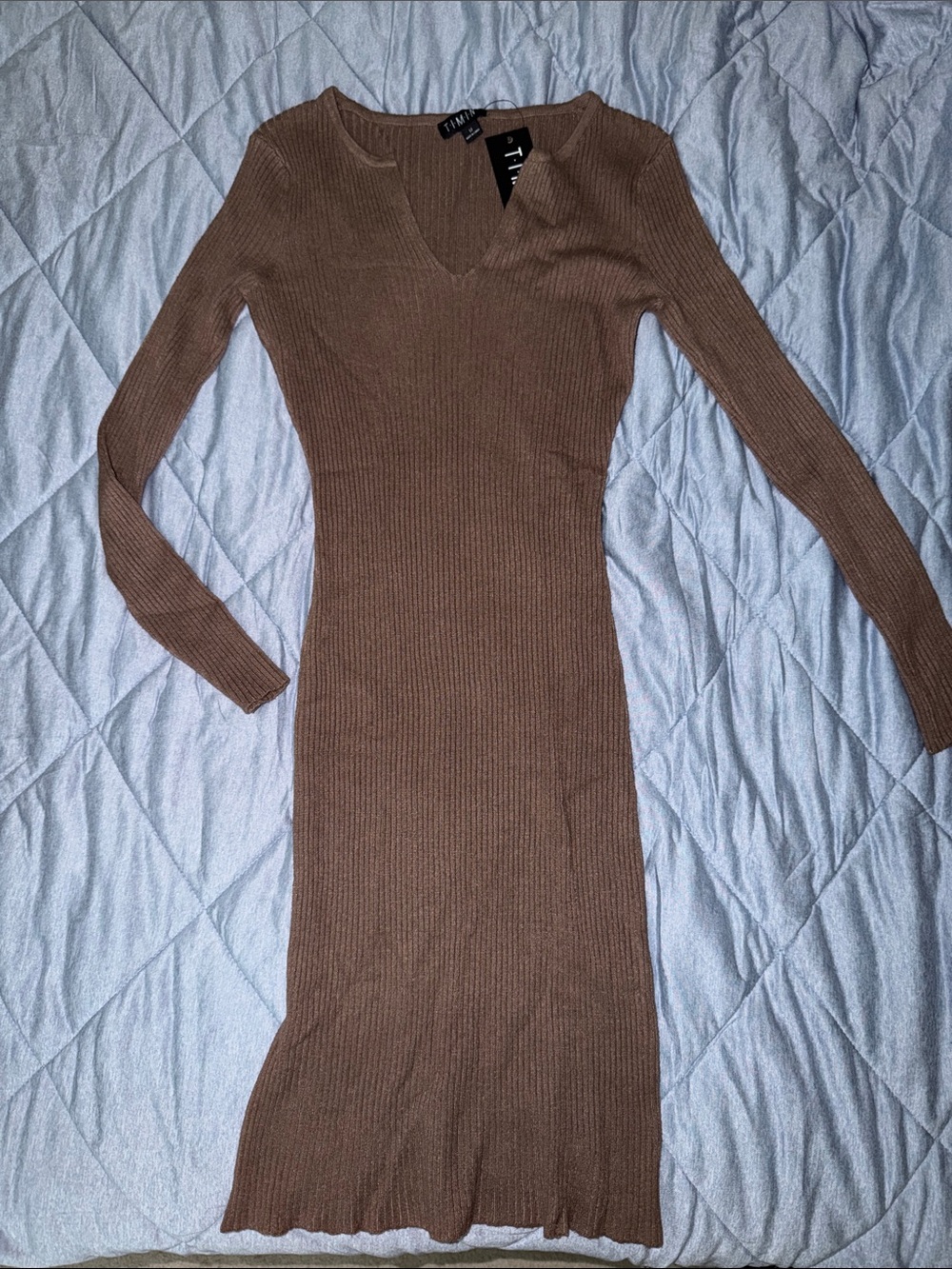 Timing Brown Ribbed Long-Sleeve V-Neck Midi Dress
